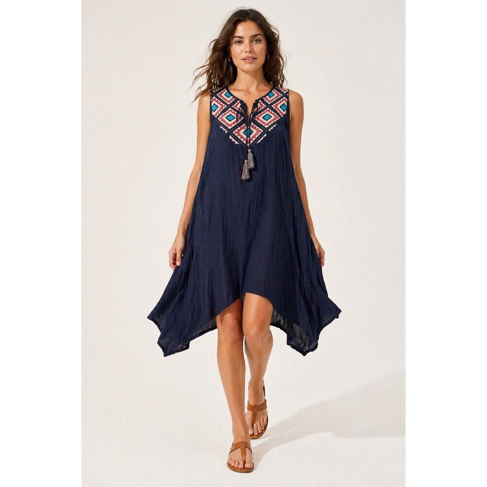 John Paul Richard Navy Embroidered Boho Swing Dress Tassel Neck Sleeveless M